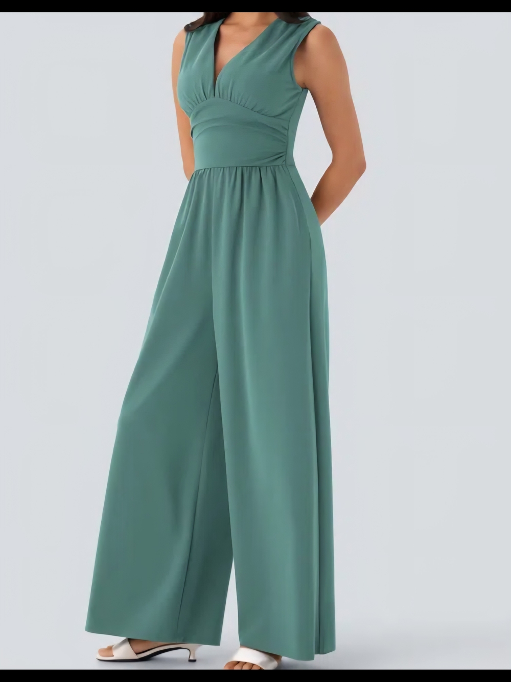 HALARA Sleeveless V-Neck Wide-Leg Jumpsuit in Teal Green